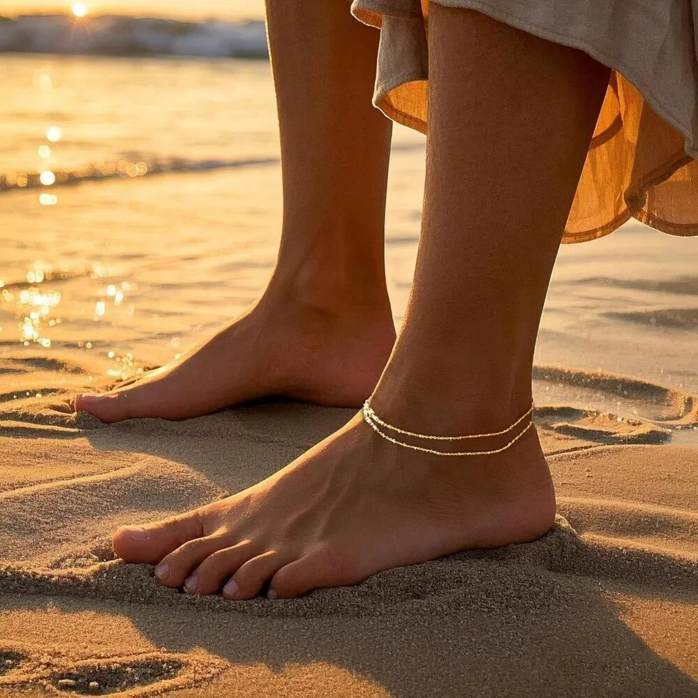 Gold Anklet Duo Yellow Gold Plated 8.5+2.5in Link Chain Summer Beach Jewelry - Picture 4 of 9